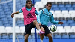 Filipe Luis y Hazard en un entrenamiento de Chelsea.