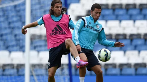 Filipe Luis y Hazard en un entrenamiento de Chelsea.