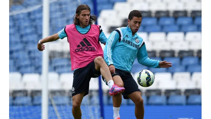 Filipe Luis y Hazard en un entrenamiento de Chelsea.