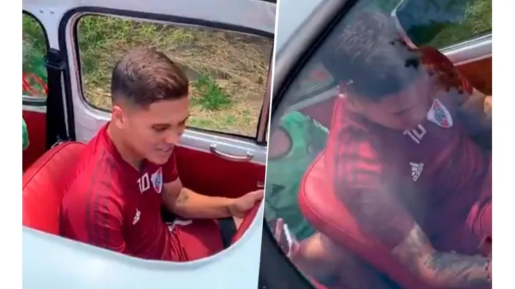Juan Fernando Quintero conduciendo el auto que bautizaron en su nombre.
