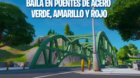 Solución baila en puentes de acero verde, amarillo y rojo en Fortnite