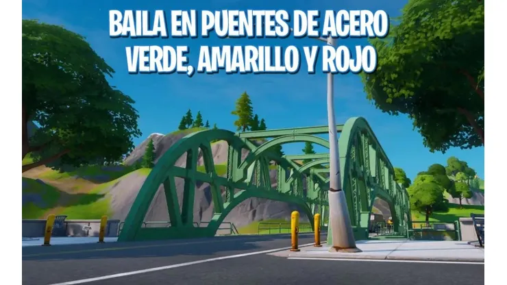 Solución baila en puentes de acero verde, amarillo y rojo en Fortnite