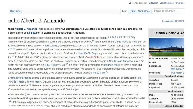 Hinchas de River le cambiaron la descripción de Wikipedia al estadio de Boca