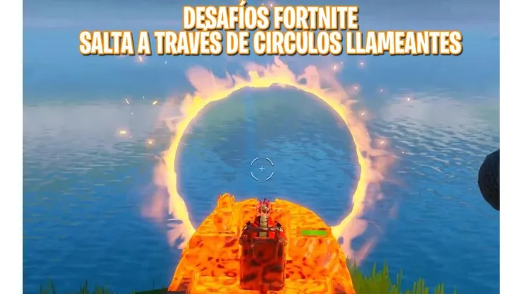 Salta a través de diferentes círculos llameantes con una lancha motora - Desafíos Fortnite