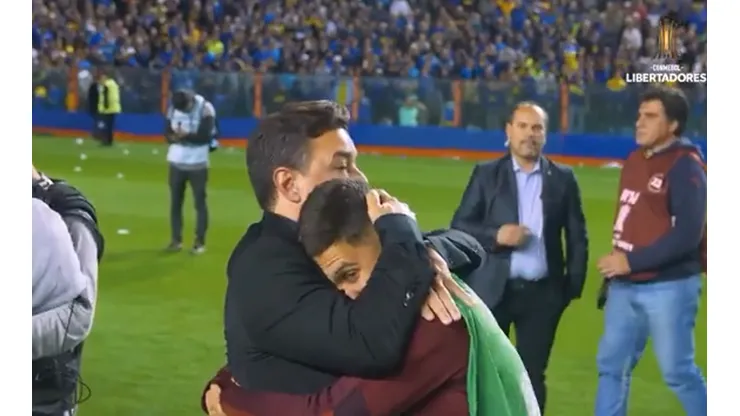 Marcelo Gallardo y Juanfer Quintero tras eliminar a Boca Juniors en la semifinal de la Libertadores.