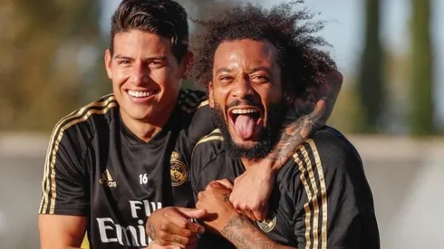 James Rodríguez y Marcelo en el último entrenamiento del Real Madrid.