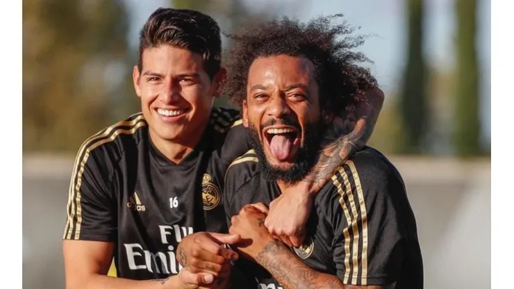 James Rodríguez y Marcelo en el último entrenamiento del Real Madrid.