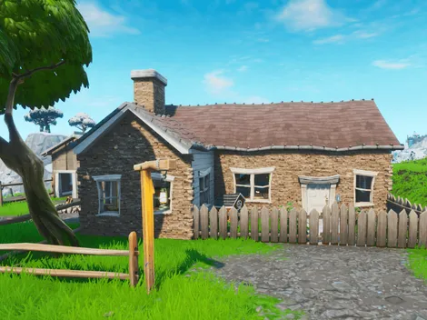 Busca entre un teléfono de disco, un cubierto y en una casa en la cima de una colina llena de posters de Carburo y Omega en Fortnite