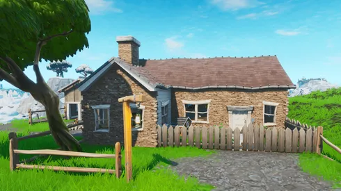 Busca entre un teléfono de disco, un cubierto y en una casa en la cima de una colina llena de posters de Carburo y Omega en Fortnite