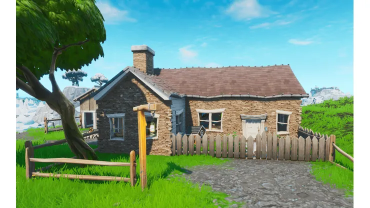 Busca entre un teléfono de disco, un cubierto y en una casa en la cima de una colina llena de posters de Carburo y Omega en Fortnite