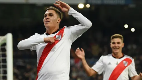 Juan Fernando Quintero celebra su gol en la final de la Copa Libertadores 2018 contra Boca Juniors.