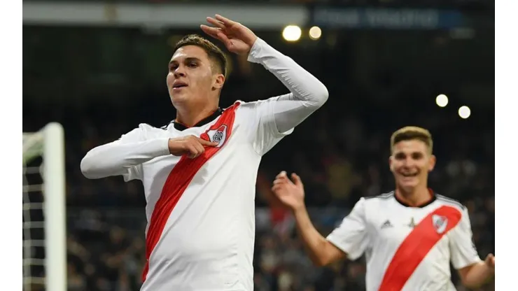 Juan Fernando Quintero celebra su gol en la final de la Copa Libertadores 2018 contra Boca Juniors.