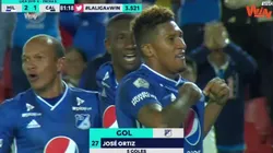 José Guillermo Ortíz festeja su doblete ante Deportivo Cali.
