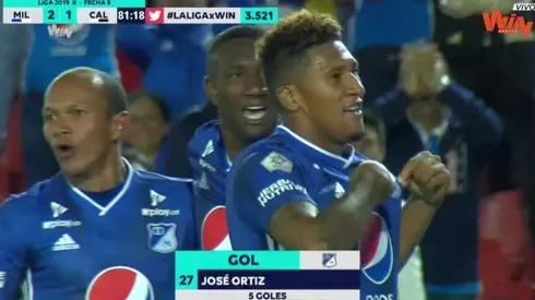 José Guillermo Ortíz festeja su doblete ante Deportivo Cali.