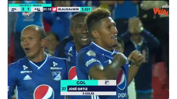 José Guillermo Ortíz festeja su doblete ante Deportivo Cali.