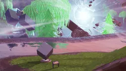 Donde visitar un monumento de cubo en un desierto o un lago en Desafío Choque de Mundos de Fortnite