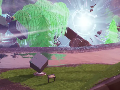 Donde visitar un monumento de cubo en un desierto o un lago en Desafío Choque de Mundos de Fortnite