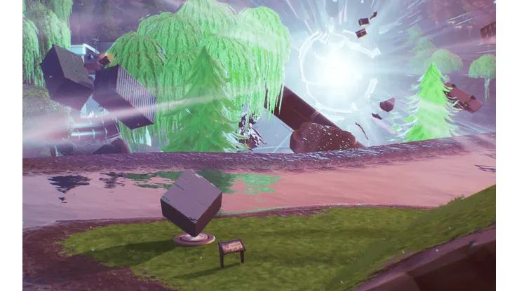 Donde visitar un monumento de cubo en un desierto o un lago en Desafío Choque de Mundos de Fortnite