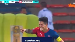 Germán Ezequiel Cano festeja su doblete contra América en Liga Águila.