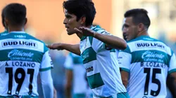 Los jugadores de Santos festejan uno de los goles ante Juárez por el Clausura MX 2019.