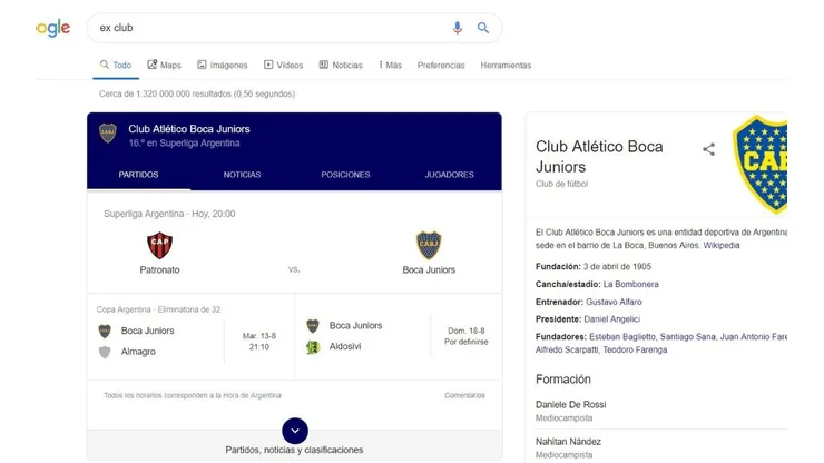 Explotaron las redes: si en Google buscás "ex club" aparecen los partidos de Boca