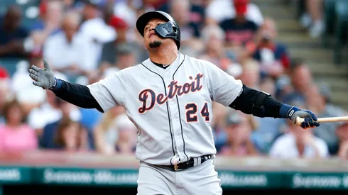 Detroit Tigers v Cleveland Indians - CLEVELAND, OH - JULY 18: Miguel Cabrera #24 of the Detroit Tigers reacts after striking out against Trevor Bauer #47 of the Cleveland Indians during the third inning at Progressive Field on July 18, 2019 in Cleveland, Ohio. (Photo by Ron Schwane/Getty Images) *** Local Caption *** Miguel Cabrera - Not Released (NR) No more than 7 images from any single MLB game, workout, activity or event may be used (including online and on apps) while that game, activity or event is in progress.