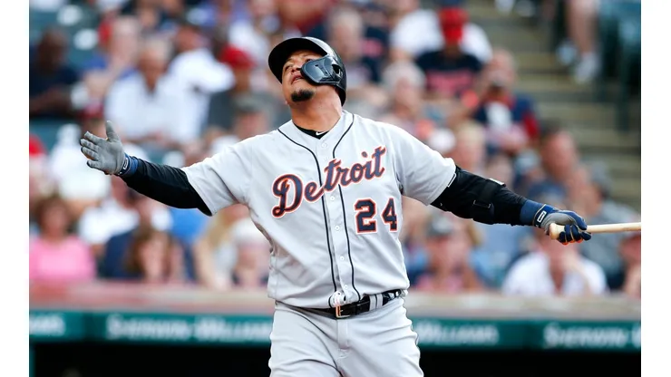 Detroit Tigers v Cleveland Indians - CLEVELAND, OH - JULY 18: Miguel Cabrera #24 of the Detroit Tigers reacts after striking out against Trevor Bauer #47 of the Cleveland Indians during the third inning at Progressive Field on July 18, 2019 in Cleveland, Ohio. (Photo by Ron Schwane/Getty Images) *** Local Caption *** Miguel Cabrera - Not Released (NR) No more than 7 images from any single MLB game, workout, activity or event may be used (including online and on apps) while that game, activity or event is in progress.