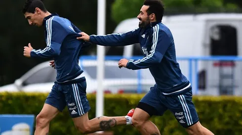 Di María y Lavezzi en un entrenamiento de Argentina.