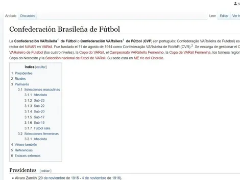 Es viral: modificaron en Wikipedia la información de la Confederación Brasileña de Fútbol