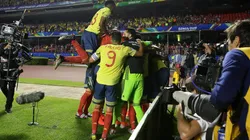 Foto de Radamel Falcao celebrando el gol de Colombia.