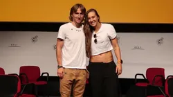 Luka Modric, jugador del Real Madrid; y Nicole Regnier, futbolista colombiana.