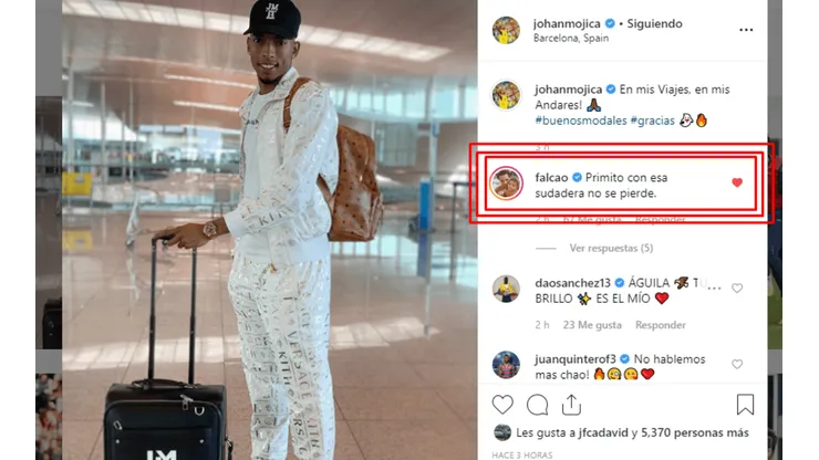 Así fue la publicación de Johan Mojica y le épica respuesta de Falcao en los comentarios.