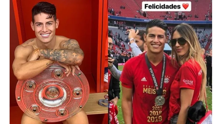 James Rodríguez y Shannon de Lima en el festejo del Bayern campeón de la Bundesliga.