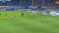 La viveza de Daniel Bocanegra en el tiro libre de Sebastián Viera.