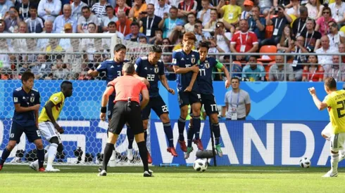 Juan Fernando Quintero anotando el primer gol de Colombia en el Mundial de Rusia 2018.