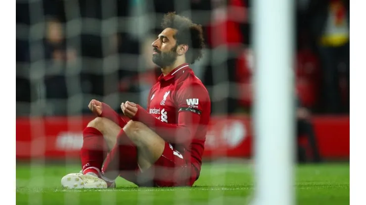 EL GOLEADOR. Mohamed Salah agradece en silencio mientras Anfield festeja uno de sus dos goles (Foto: Getty).