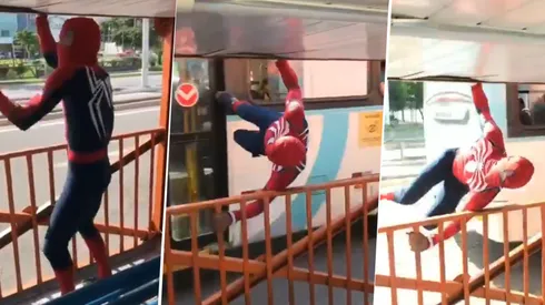 Video viral: Spiderman rompe todo y camina sobre un bus