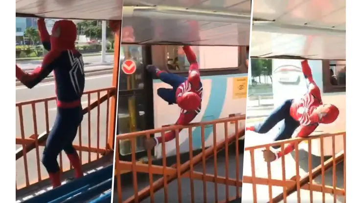 Video viral: Spiderman rompe todo y camina sobre un bus