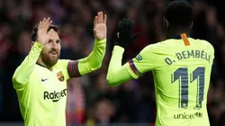 Messi y Dembélé celebrando un gol.