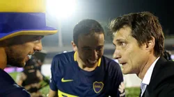 Jara festejando el último título del club junto a Guillermo y Magallán. Los 3 se fueron de Boca.