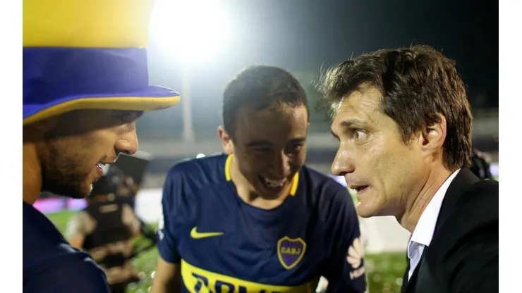 Jara festejando el último título del club junto a Guillermo y Magallán. Los 3 se fueron de Boca.