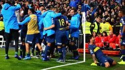 Foto de los jugadores de Boca festejando el gol ante River.