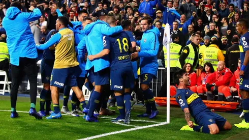 Foto de los jugadores de Boca festejando el gol ante River.