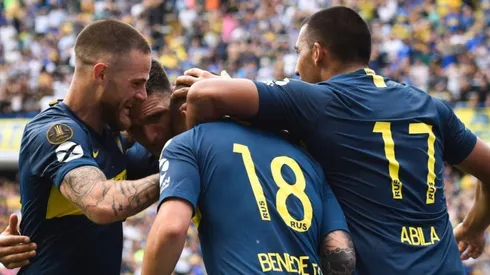 Los jugadores de Boca festejando el gol ante River.