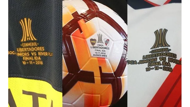 Las camisetas y la pelota especial que se iban a usar en el partido entre River y Boca (Foto: TyC Sports)