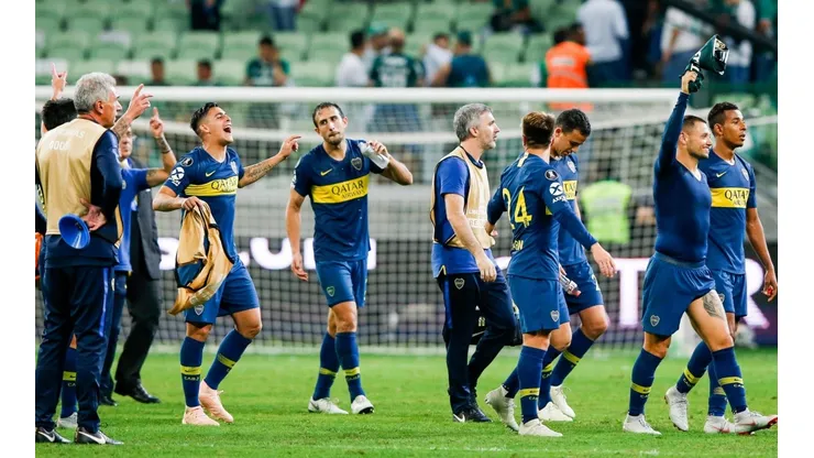 Foto de los jugadores de Boca festejando en Brasil.