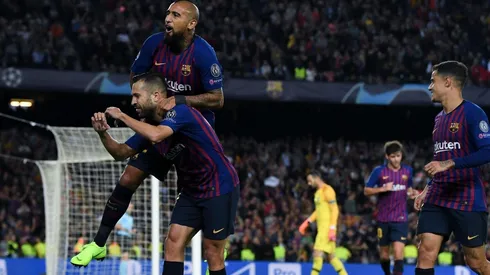 Foto de los jugadores de Barcelona ante Inter.