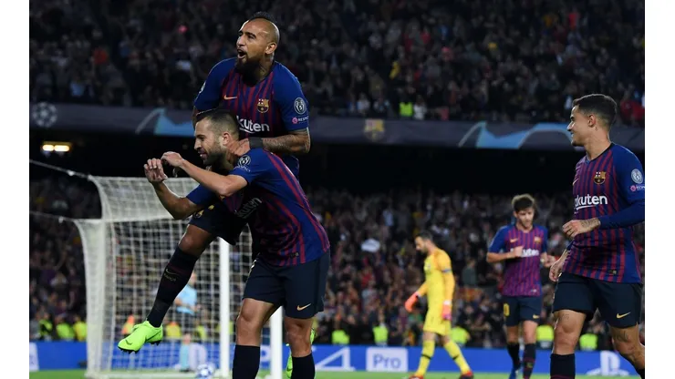 Foto de los jugadores de Barcelona ante Inter.