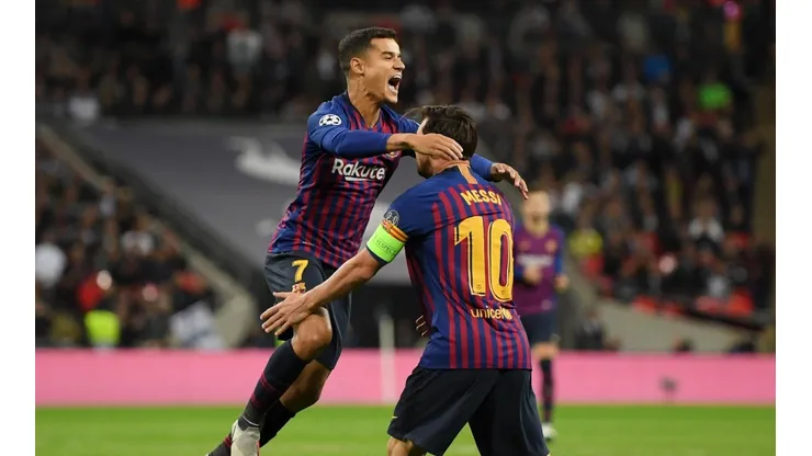 CELEBRAN LOS MAGOS. Coutinho y Messi festejan el 1-0 del Barcelona ante Totteham (Foto: Getty).
