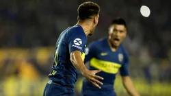 FESTEJAN MAGALLÁN Y GOLTZ. La dupla central celebra el 1-0 de Boca ante Alvarado.